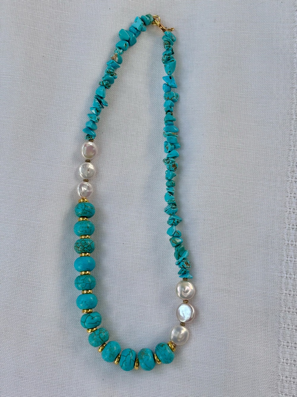 Handcrafted Real Turquoise, Coin Pearls, Gold Spacers Asymmetrical Necklace